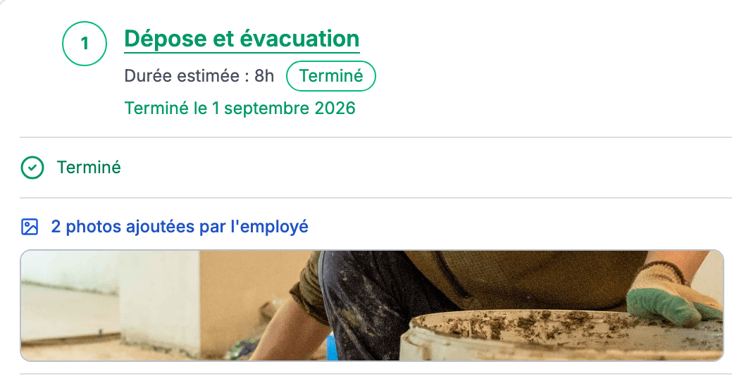 Étape Dépose et évacuation terminée le 1er septembre 2026 dans l'app Brikz, avec les photos ajoutées par l'employé